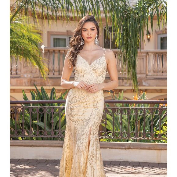 New Sequins Embellished Sheath Elegant Dress w/ Lace Up Back & Leg Slit DQ 4302 - Picture 1 of 9